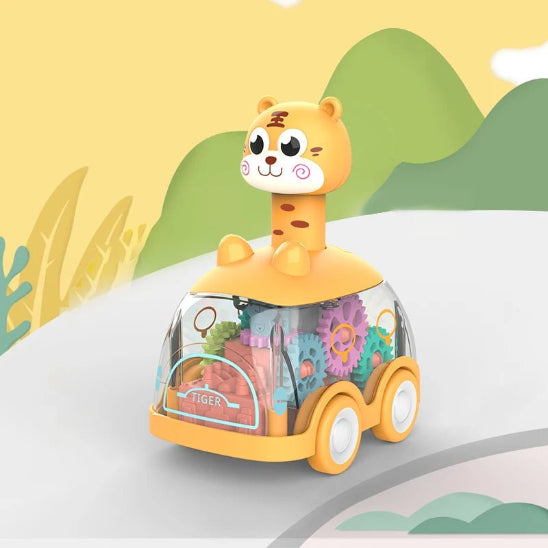 La Voiture Lumineuse - Jouet BĂ©bĂ© 1 An est une voiture jaune avec une tĂȘte de tigre et des engrenages colorĂ©s, placĂ©e sur une route incurvĂ©e au milieu de collines vertes et de plantes jaunes abstraites - idĂ©al pour les petits.