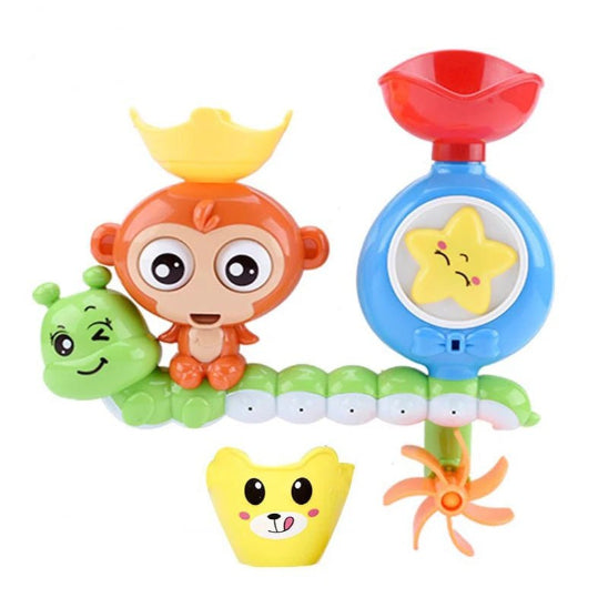 Le Jet d'eau - Jouet de bain est un jouet de bain en plastique coloré avec un singe sur une chenille verte, un panneau bleu avec une étoile jaune, un entonnoir rouge, une roue orange qui tourne et des gobelets jaunes en forme d'ours - parfait pour que bébé s'amuse dans la baignoire !.