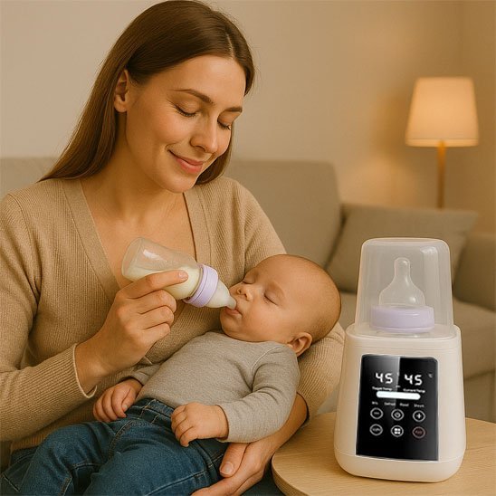Une femme assise sur un canapé nourrit son bébé au biberon, tandis que le stérilisateur magique de Chauffe-Biberons assure un réchauffement rapide du lait à 45°C. Une lampe et une table à l'arrière-plan créent un endroit confortable pour les tétées nocturnes.