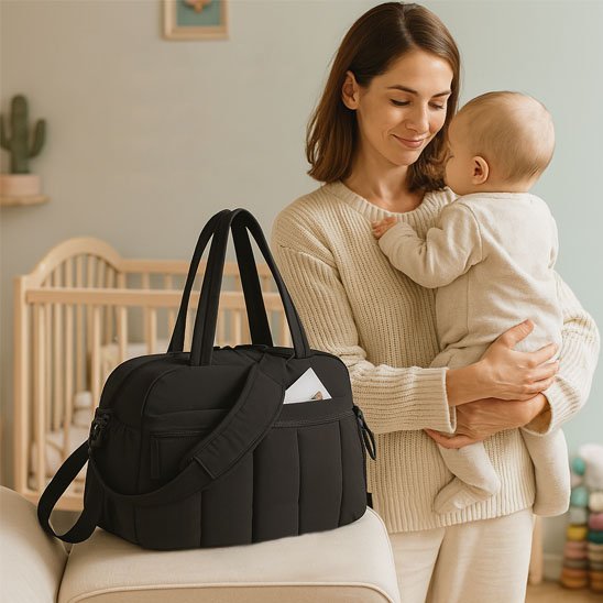 Une femme portant un bébé se tient à côté du Sac a Langer - Longchamps sur un canapé dans une chambre d'enfant à la lumière tamisée, avec un berceau, des jouets et des murs aux couleurs pastel en arrière-plan.