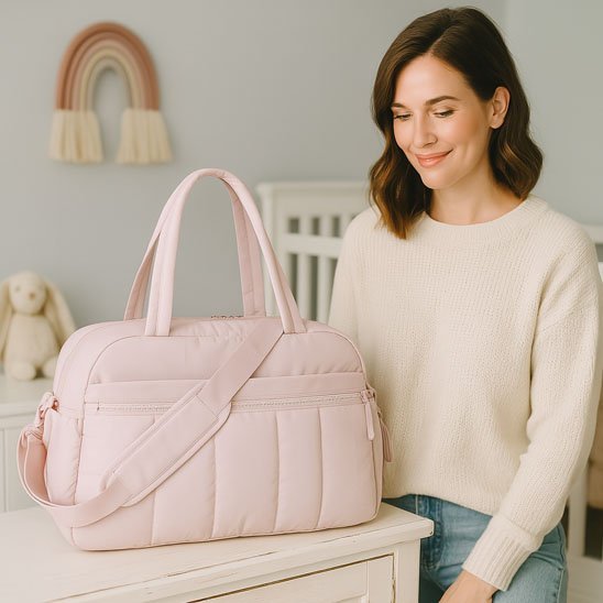Une femme aux cheveux bruns mi-longs, vêtue d'un pull-over crème, est assise à côté du Sac a Langer - Longchamps sur une table blanche dans une chambre d'enfant, avec une tenture murale arc-en-ciel et un lapin en peluche à l'arrière-plan.