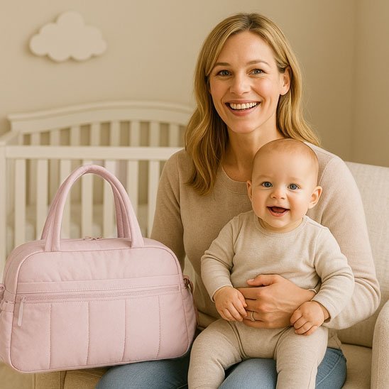 Une femme est assise sur une chaise et tient un bébé souriant sur ses genoux. À côté d'elles se trouve le Sac à Langer - Longchamps en rose. Un berceau blanc et une décoration murale en forme de nuage charment l'arrière-plan.