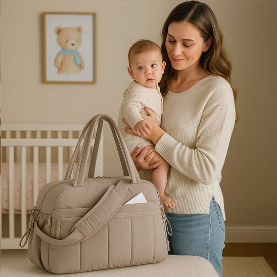 Une femme se tient dans une chambre d'enfant avec un bébé dans les bras. Un Sac à Langer - Longchamps beige est posé sur une table devant elle, avec en arrière-plan un berceau et une illustration d'ours en peluche encadrée.