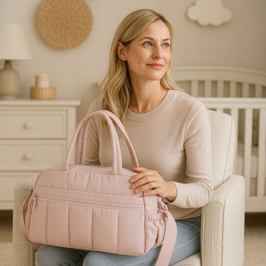 Dans une chambre d'enfant de couleur crème, une femme tient le Sac a Langer - Longchamps sur ses genoux. Derrière elle, un berceau, une commode et un décor simple, dont une tenture murale en forme de nuage.