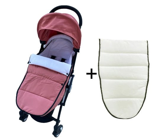 Une poussette rose et noire avec une Chancelière Bébé | Imperméable assortie est présentée à côté d'une doublure matelassée blanche, séparée par un signe plus.