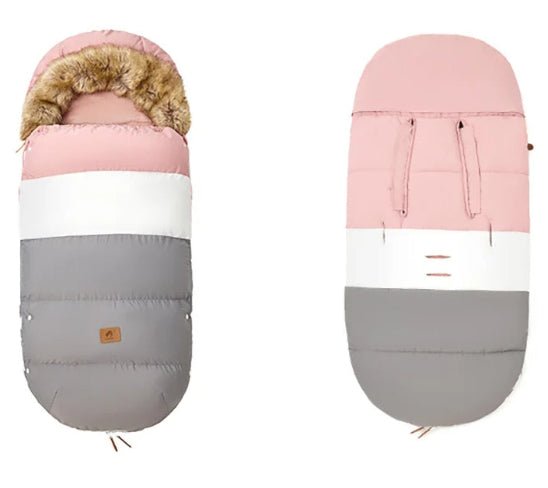 Deux vues de la Poussette Chancelière | 0-36 mois en rose, blanc et gris : l'une montre une capuche doublée de fourrure pour l'isolation thermique ; l'autre affiche trois fentes pour harnais dans le dos pour le confort de bébé.