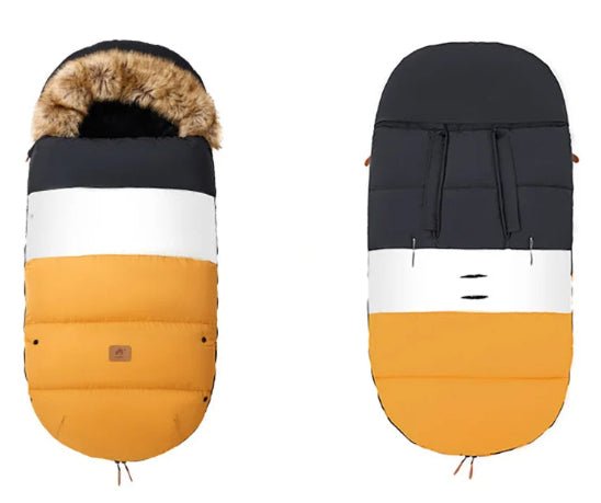 Deux gigoteuses Chancelière Poussette (0-36 mois) sont présentées avec confort bébé, excellente isolation thermique, bordure en fausse fourrure sur l'une et un design color-block en noir, blanc et jaune-orange vus de dessus et de dessous.