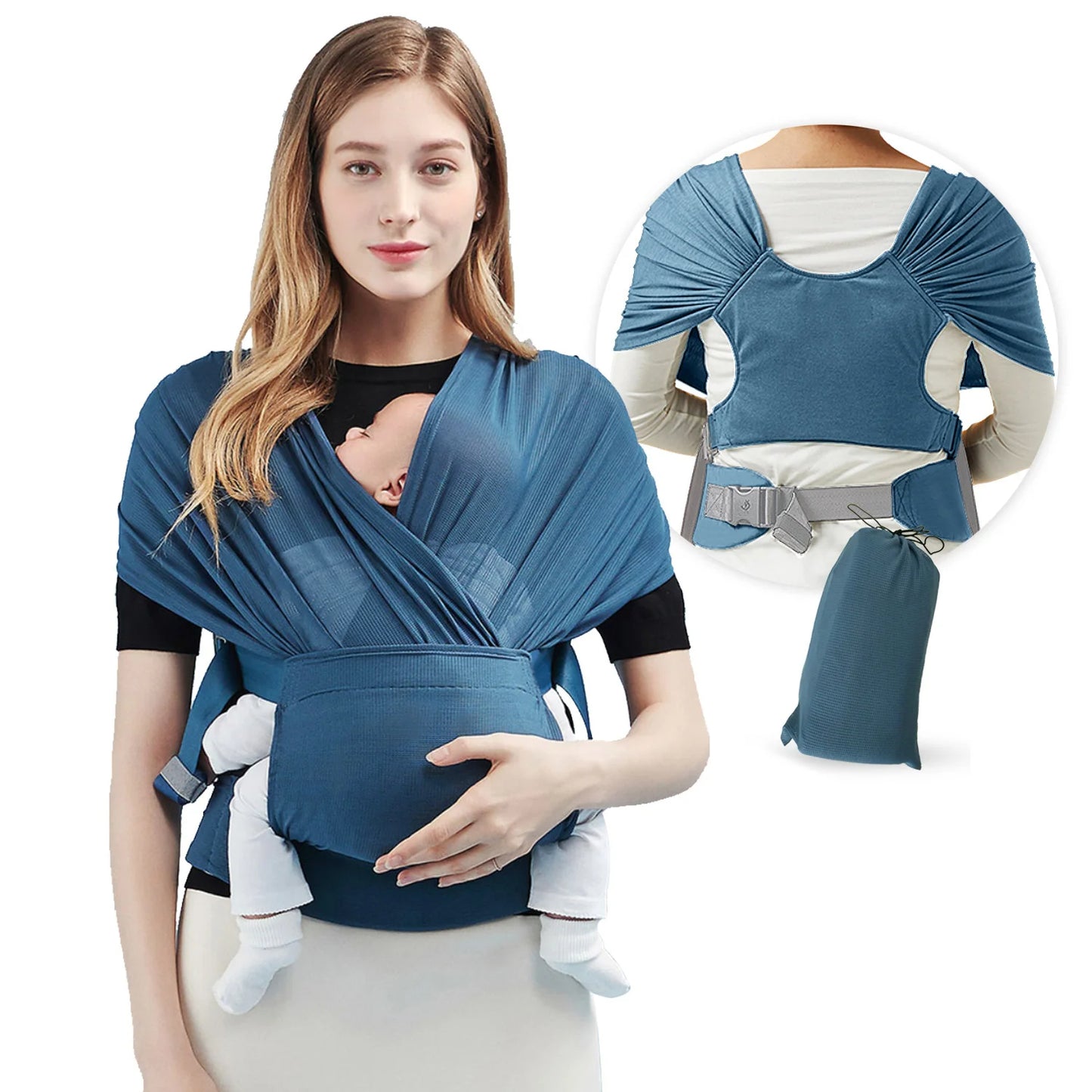 Une femme porte l'écharpe porte-bébé WrapTight™ bleue avec son bébé endormi, profitant d'un lien unique. Un encart présente la vue de dos et la pochette assortie. L'écharpe lui permet de garder les mains libres et de maintenir son bébé en toute sécurité sur sa poitrine.
