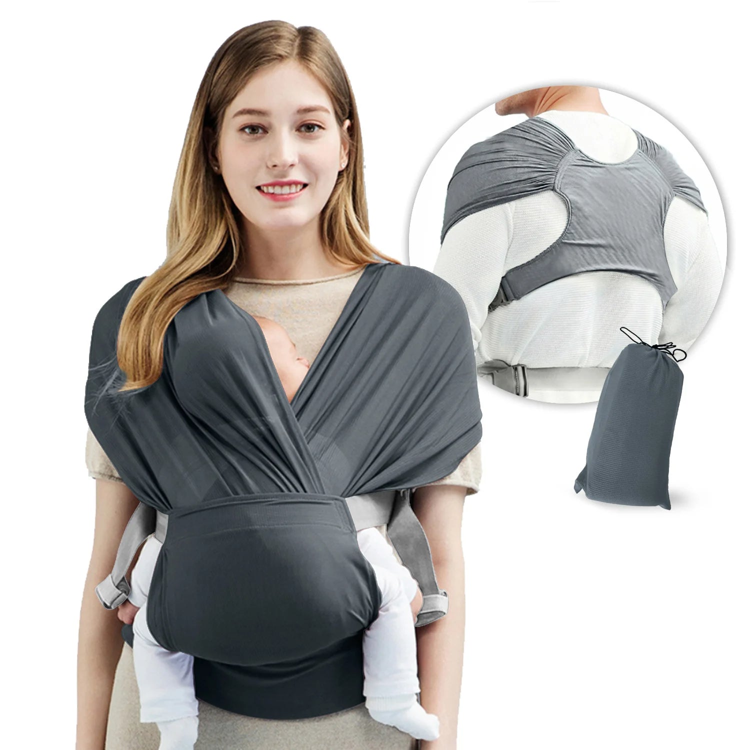 Une femme, tournée vers l'avant, porte l'écharpe porte-bébé WrapTight™ grise et tient son bébé contre sa poitrine pour une expérience mains libres. Un encart présente la vue arrière du porte-bébé et de sa pochette à cordon.