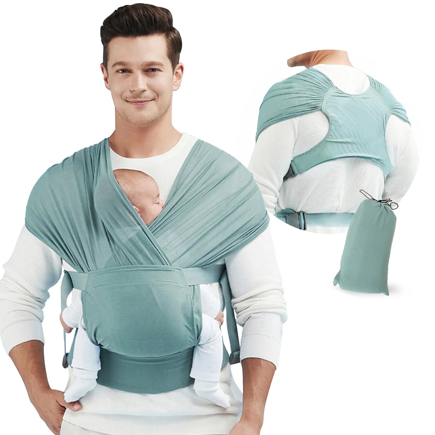 Un homme porte l'Écharpe porte-bébé | WrapTight™ bleu sarcelle clair, son bébé contre sa poitrine, les mains libres. Le porte-bébé est présenté de face et de dos, avec une pochette assortie à côté de lui.