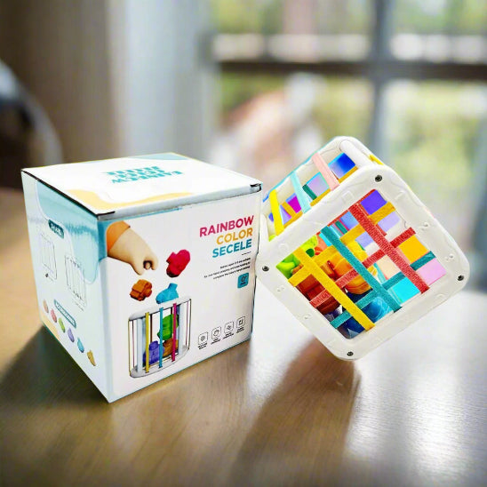Un cube en plastique de Jeux d'eveils - cubes éducatifs, aux formes géométriques et aux bandes arc-en-ciel, est posé sur une table en bois, idéal pour le jeu des tout-petits et le développement des bébés.