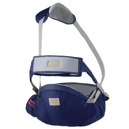 Le Porte-bébé | WaistHolder™ est un porte-bébé bleu et gris ergonomique, doté de bretelles et de ceinture réglables, d'une assise rembourrée, d'étiquettes en tissu et du soutien supplémentaire du WaistHolder™. Présenté sur fond blanc.