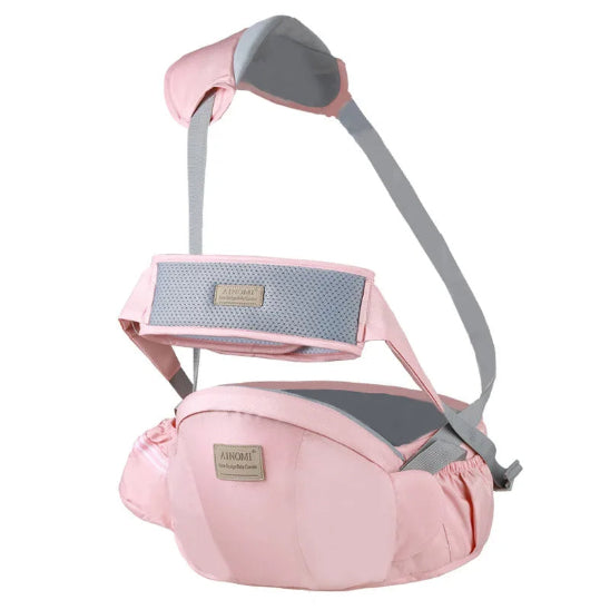 Le Porte Bebe | WaistHolder™ est un porte-bébé rose avec des sangles grises réglables, un siège rembourré, une doublure en maille et des étiquettes pour un confort ergonomique pour vous et votre bébé.