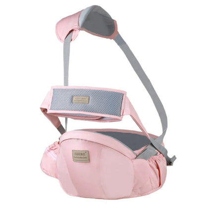 Le Porte Bebe | WaistHolder™ est un porte-bébé rose avec des sangles grises réglables, un siège rembourré, une doublure en maille et des étiquettes pour un confort ergonomique pour vous et votre bébé.