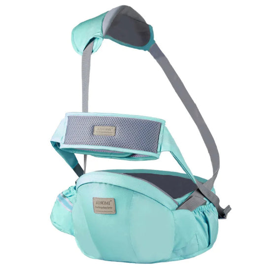 Le Porte Bebe | WaistHolder™ est un porte-bébé de couleur bleu sarcelle clair et gris avec des sangles réglables et un support de taille rembourré pour un confort ergonomique, présenté sur un fond blanc.