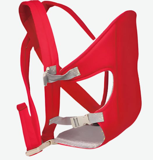 Le Porte Bebe | Face & Dos est une écharpe médicale rembourrée rouge avec des sangles argentées et des fermetures à boucle, conçue pour un soutien ergonomique et un confort lors du levage ou du soutien d'une personne, présentée sur un fond blanc uni.