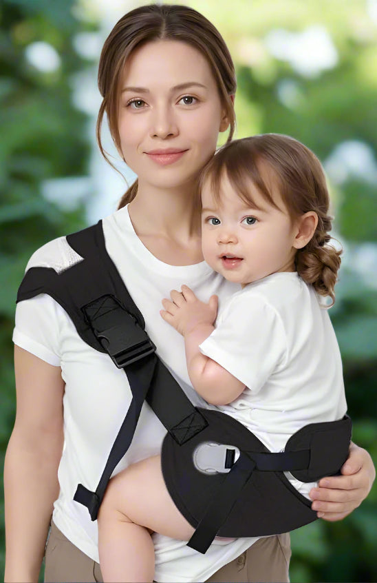 Une femme en chemise blanche porte son enfant, également blanc, sur sa hanche grâce au Porte Bébé - Mains Libres. Tous deux regardent la caméra sur fond de verdure floue : un choix pratique pour les parents actifs en quête de confort mains libres.