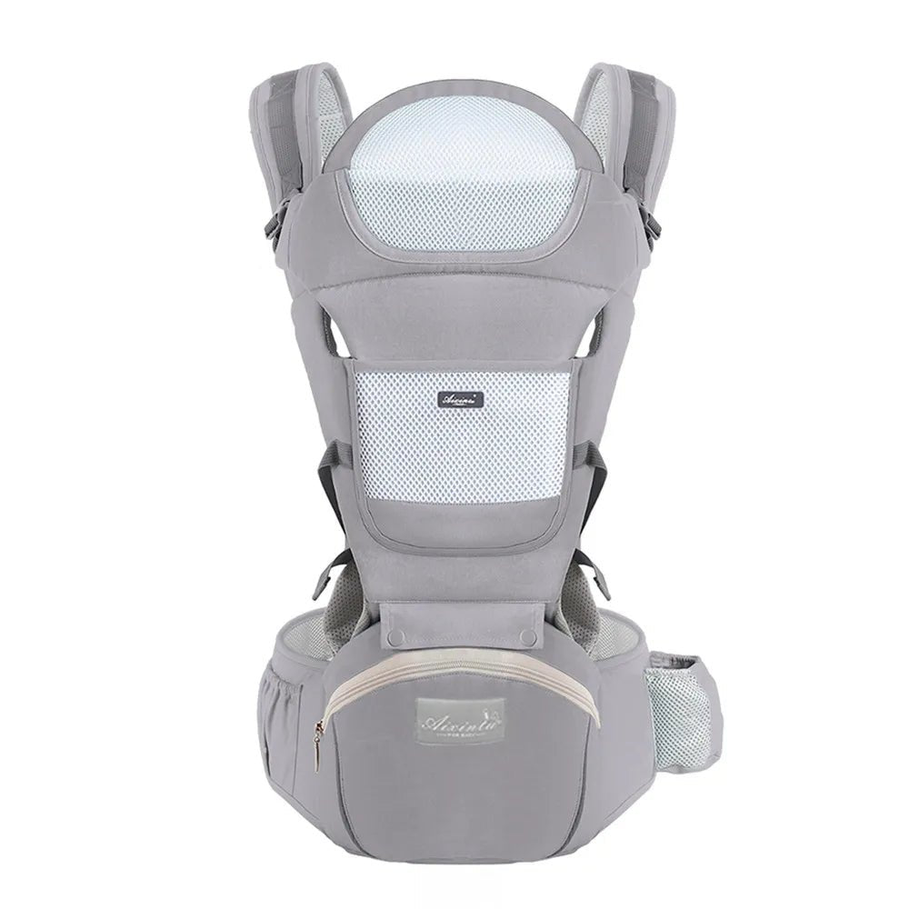 Un Porte Bebe | WaistStool™ gris avec des bretelles rembourrées, des panneaux de ventilation en maille, une poche avant zippée, une pochette latérale attachée et le logo de la marque sur la poche avant pour plus de style et de confort.