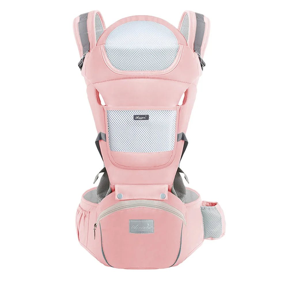 Le Porte Bebe | WaistStool™ en rose et gris est doté de panneaux en maille, de bretelles rembourrées, d'une large ceinture, d'une poche avant et d'une poche latérale pour plus de sécurité, de confort ergonomique et de ventilation.