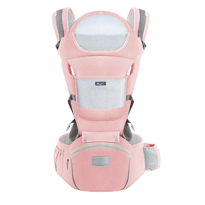 Le Porte Bebe | WaistStool™ en rose et gris est doté de panneaux en maille, de bretelles rembourrées, d'une large ceinture, d'une poche avant et d'une poche latérale pour plus de sécurité, de confort ergonomique et de ventilation.